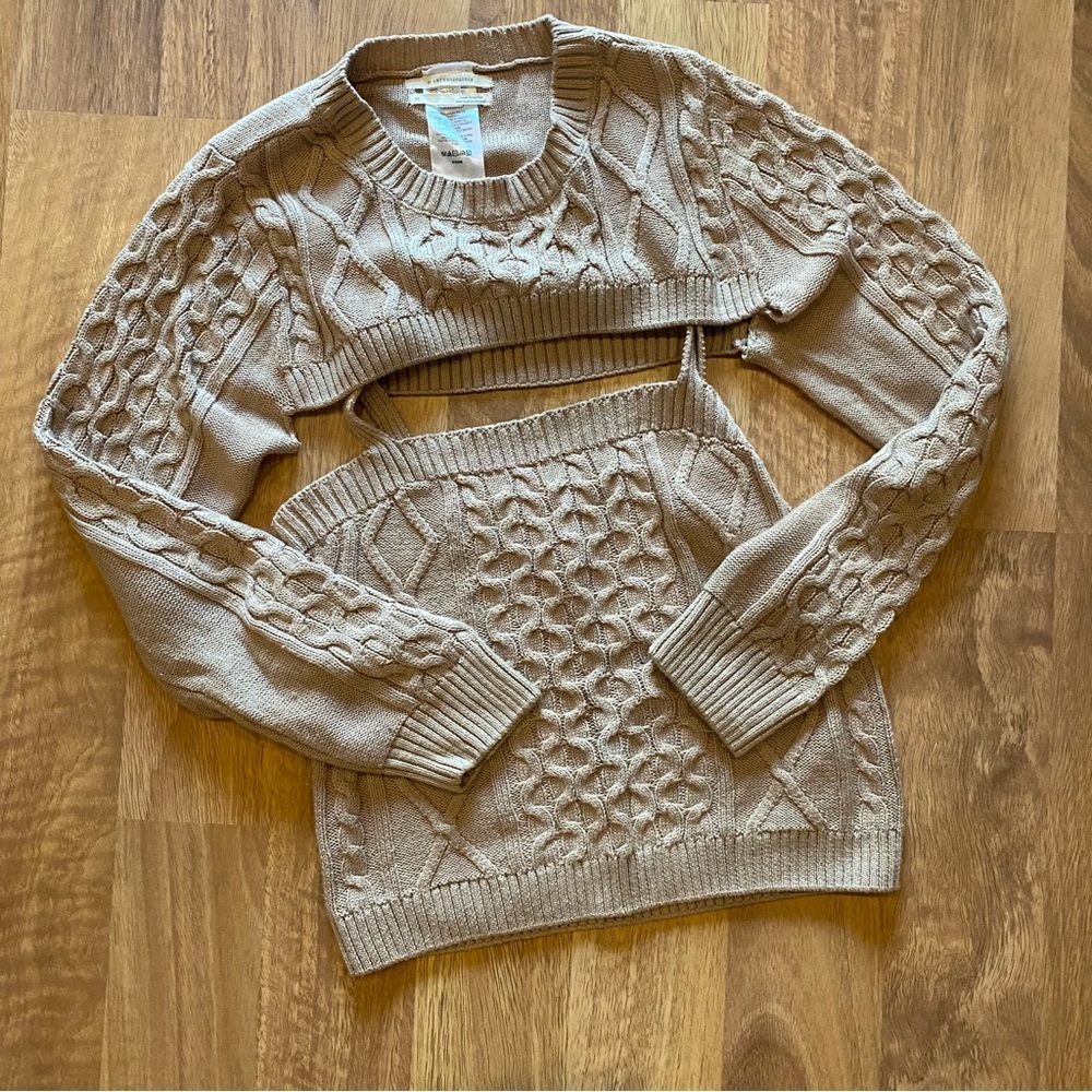 Anthro Two-Piece Bolero Knit Shrug and Camisole in Taupe / Camel